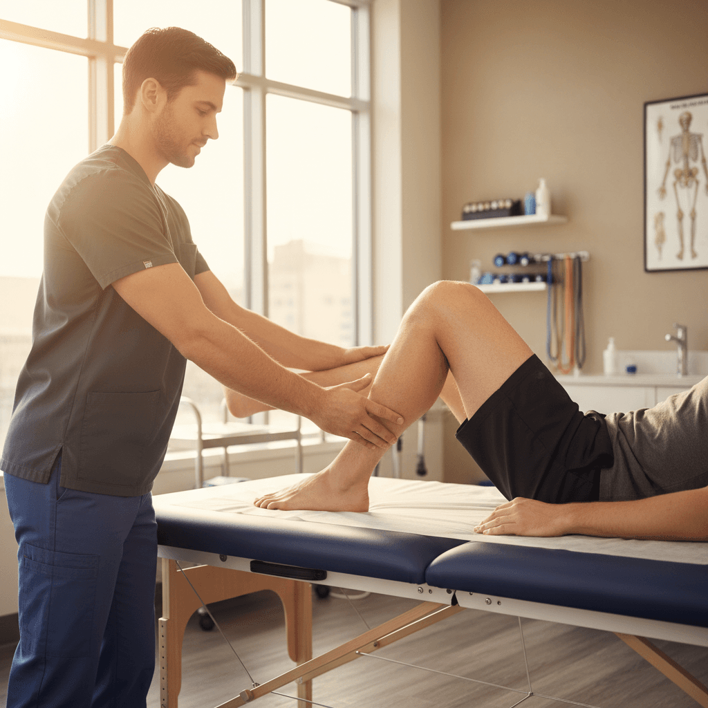 Physical therapist guiding client through gentle exercise at home