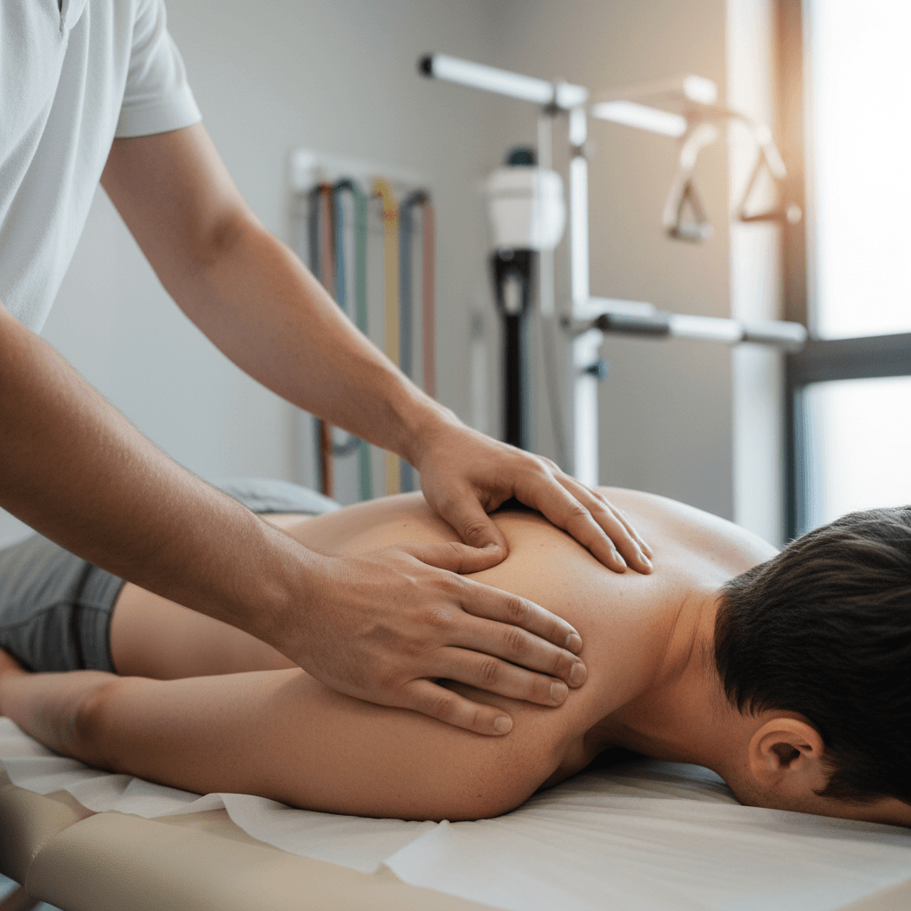 Physical therapist guiding patient through balance exercise at home